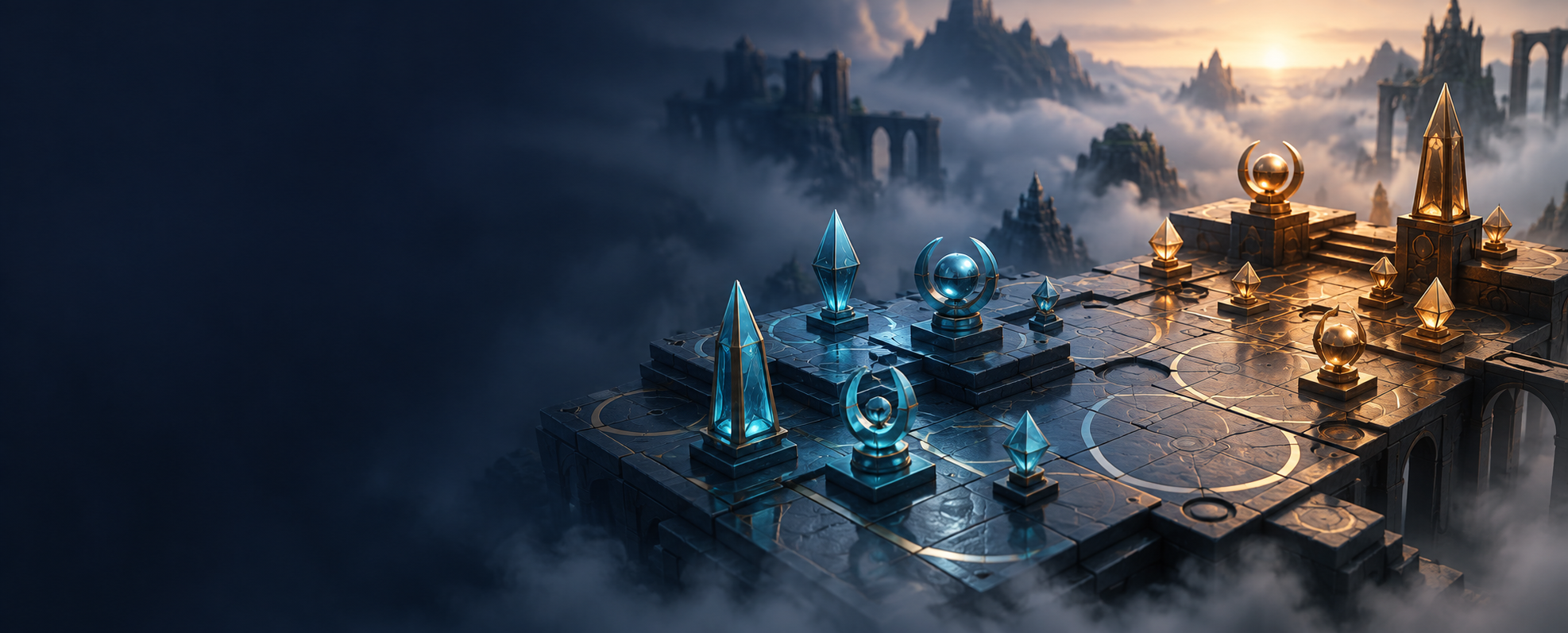 Veiled Front concept art: cyan and amber abstract strategy pieces on a board disappearing into fog